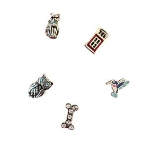 Origami Owl Floating Charms: cat, London phone booth, hummingbird, dog bone, owl